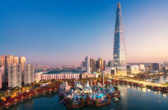 Travel point and Tower and building in Seoul city with autumn and fall park in Korea, Asia