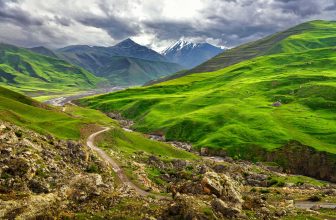 Azerbaijan landscape in nature, Beautiful mountains and hills in the north of Azerbaijan near Quba in the village Khinaliq