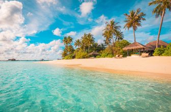 Maldives island beach. Tropical landscape of summer scenery, white sand with palm trees. Luxury travel vacation destination. Exotic beach landscape. Amazing nature, relax, freedom nature resort coast